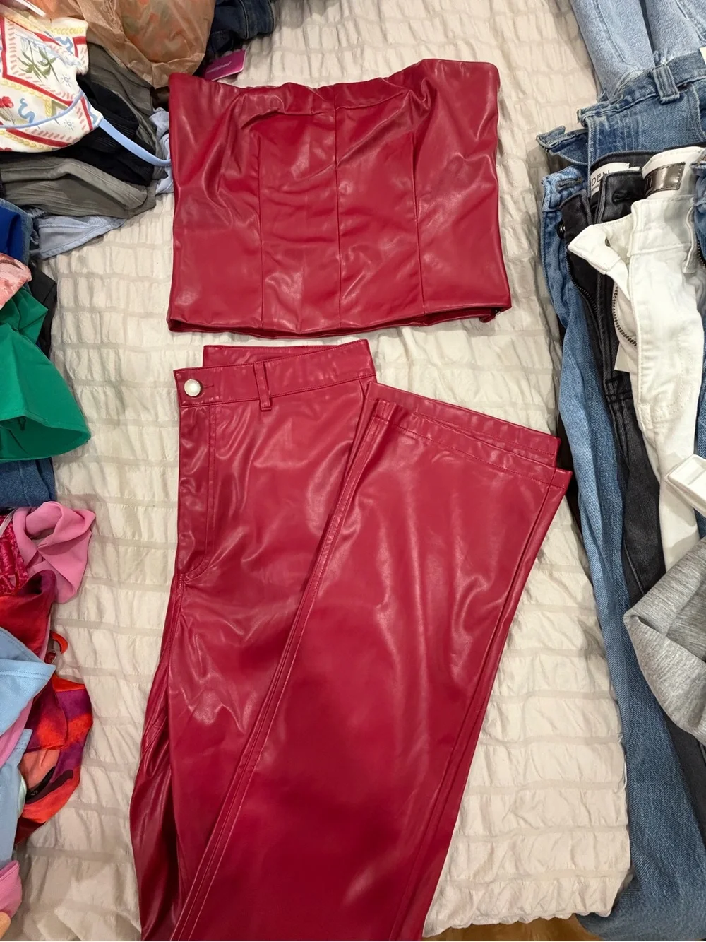 Faux Leather Red Strapless Crop Top & High-Rise Pants Set